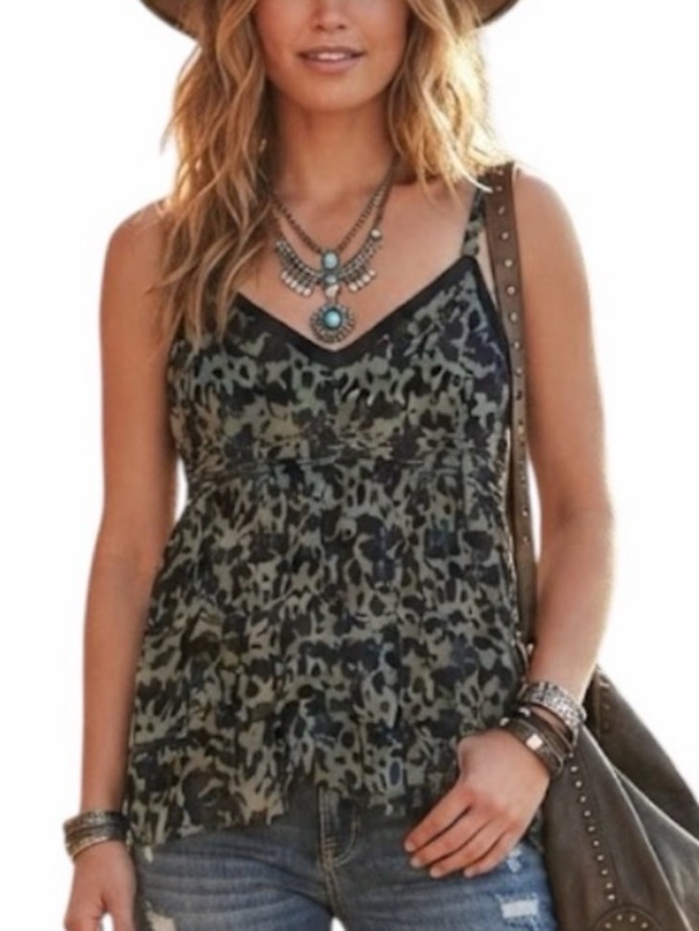 BUFFALO David Bitton Babydoll Tiered Spaghetti Strap Tank Black/Grey Small Boho